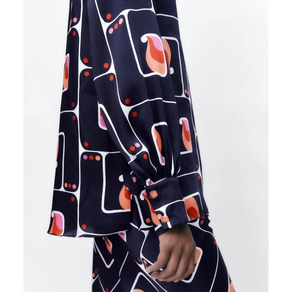 Zara | Retro Geo High Collar Mock Neck Long Sleeve Printed Charmeuse Blouse - Picture 3 of 16